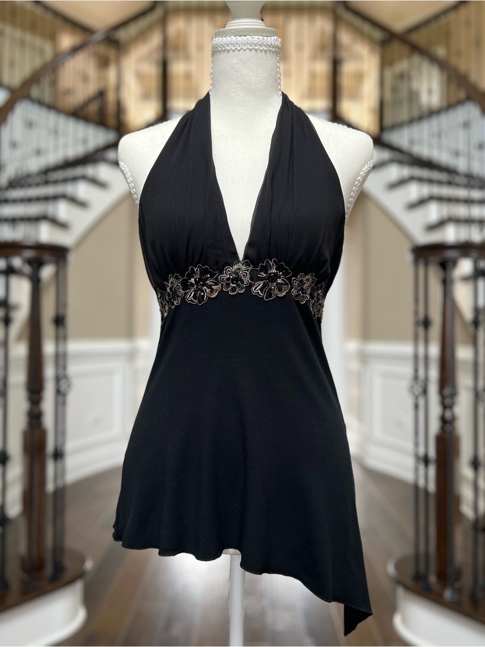 Vintage Y2K NEW Arden B Black Halter Camisole Floral Sequins Empire Band S